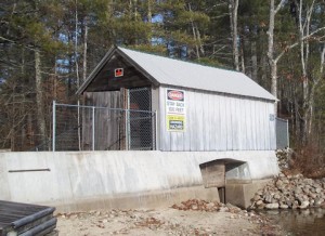 Watchic Lake dam with new safety signs (2013)