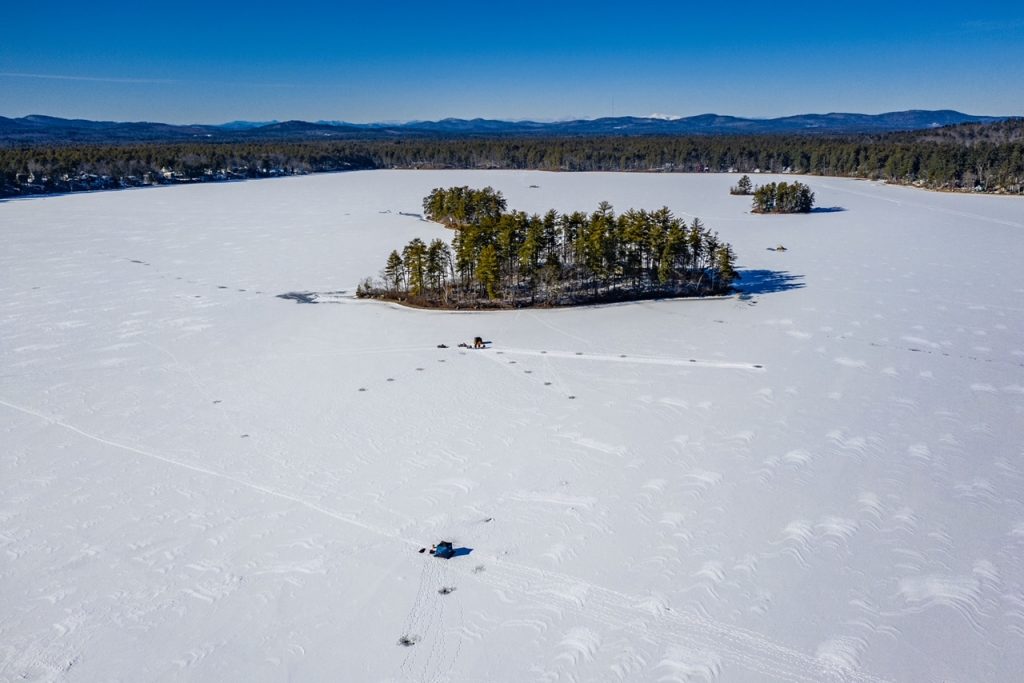 Watchic Lake Aerial North with Ice Fishing Watchic Lake Association
